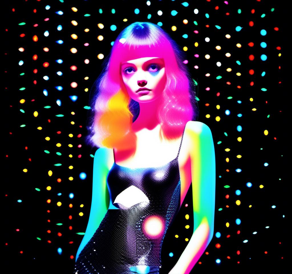 Prompt: A mixed media collage featuring a black and white photograph of a girl that is cut and spliced with mixed media stuff to create a disco inferno vibe. Neon retro disco colors, disco balls, colored lights, disco style and aesthetic utilizing but not limited to paints, enamels, glitters, metallic foils, rhinestones, marker, paintbdrips and spatter, torn or cut paper, folded paper, sequins, shiny holographic finishes explode from the photo of the girl and radiate out into the background <mymodel>