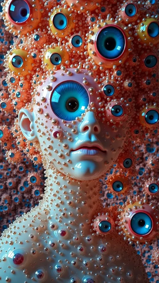 Prompt: an extremely hyper realistic ultra super textural weird trippy surreal psychedelic entity, white, translucent, clear, bright bright pastel colors, oil slick rainbow sheen effect, lots and lots of light, lots of crazy colorful compound psychedelic human eyes, rows of human teeth, fungus, atoms, diatoms,