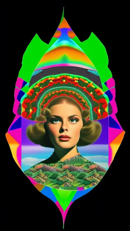 Prompt: a vintage 70s surreal psychedelic collage featuring a photograph of a young woman - it has a vintage 70s surreal science fiction art house feel to it. The photograph is cut out and edited into a collage made up of other photographs and art and feature things such as eyes, psychedelic third eyes, planets and stars, desert alien landscapes and mountains, psychedelic trippy patterns and optical illusions, psychedelic mushrooms, cats, UFOs, etc all mixed up together to create a surreal psychedelic collage effect<mymodel>