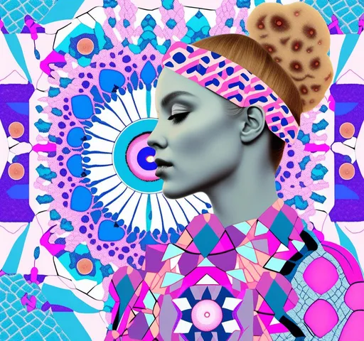 Prompt: a psychedelic collage reminiscent of 70s psychedelic sci fi collage artwork celebrating a girl on mushrooms. It is to feature a photograph of a woman with blond curly hair that is edited by splicing it with other images from photographs, magazines, newspapers, illustrations/paintings to create the impression she is high on magic mushrooms. The work will include such elements as a psychedelic 3rd eye open, stars and planets, trippy optical illusions and patterns, psilocybin cubensis mushrooms, fractals, UFOs, aliens, geometric shapes, auras, rainbow spectrums, sacred geometry, trippy drippy stuff, psychedelic hallucinations, open eyes, landscapes of astral worlds<mymodel>