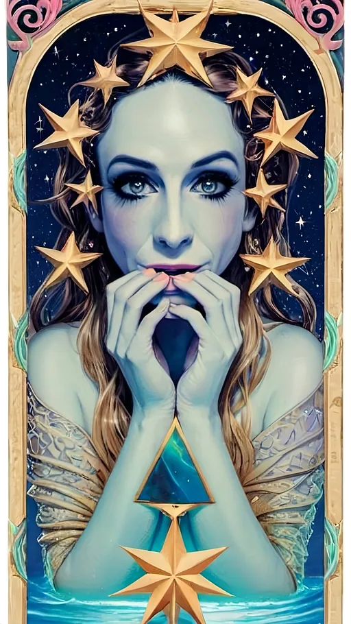 Prompt: Design a traditional tarot card featuring the Star, reimagined with a psychedelic flair. The card centers on a white woman with long, cascading blond curly hair, embodying serene grace. She kneels by a luminous pool, one foot in the water and the other on a richly detailed landscape adorned with fractal patterns. In her hands, she holds two ornate vessels, pouring streams of shimmering stardust into the pool and over the land, symbolizing spiritual and earthly nourishment.

Above her, a large central star radiates with vivid, prismatic colors, surrounded by seven smaller stars, each twinkling with psychedelic brilliance. The sky is a mesmerizing blend of swirling galaxies and intricate op art patterns, casting a dreamlike glow over the scene. Border the card with elegant Art Nouveau motifs, incorporating elements of nature and cosmic symbolism to enhance the mystical atmosphere. The card's title, "The Star," is elegantly inscribed at the bottom in an ornate, vintage font, completing the traditional tarot card aesthetic.

---

This should give your art that classic tarot feel while keeping it uniquely you! 🌟