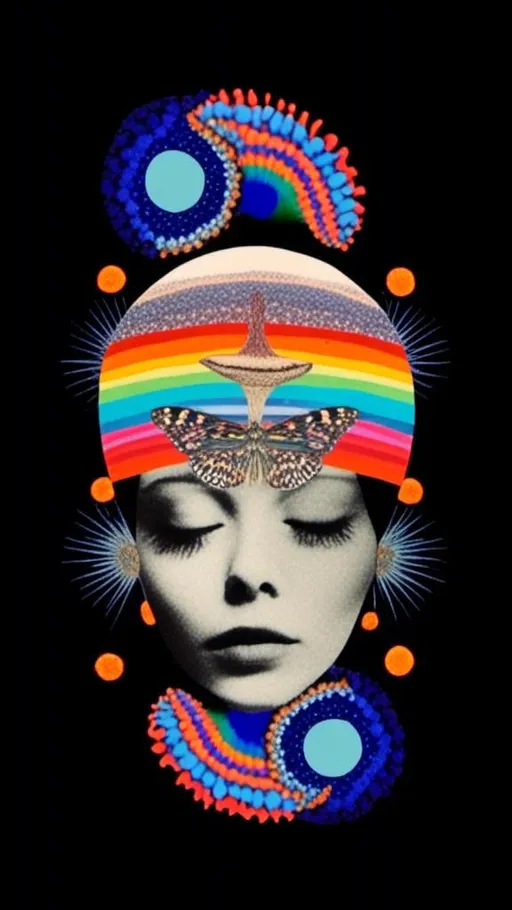 Prompt: <mymodel>Psychedelic collage of a woman, spliced and edited with psychedelic planets, cats, and UFOs, a psychedelic open third eye, pickles, photos of mushrooms of all kinds and colors, trippy optical patterns, incorporating paint, enamel, and found objects, black and white optical illusions, high quality, surreal, vibrant colors, trippy, psychedelic, detailed collage, cosmic theme, colorful lighting surreal collage