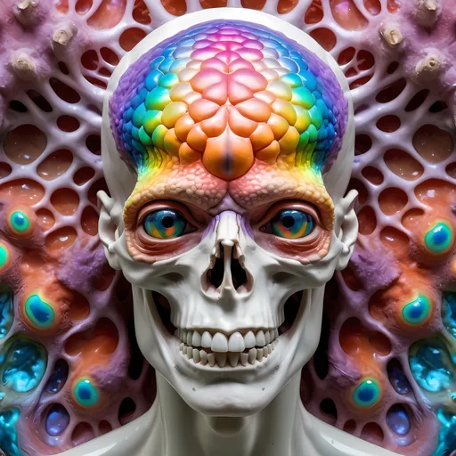 Prompt: Extremely hyperrealistic, ultra hypertextural psychedelic weird surreal hallucination entity creature, head, torso, geometric interdimensional tesseract, translucent white, bright pastel colors, swirling rainbow oil slick sheen effect, lots of light,  fungus, mushroom, lots of trippy crazy psychedelic human eyes, human teeth, brains, skin, metal, silver, chrome, leather, feathers, scales, fur,  Chromatophore, pigment cell, melanophore, iridophore, leucophore, xanthophore, erythrophore, cyanophore, pigment granules, melanin, carotenoids, pteridines, guanine crystals, reflective platelets, dermal chromatophore unit, pigment dispersion, pigment aggregation, color change, adaptive coloration, cryptic coloration, aposematic coloration, structural coloration, biochromes, photophores, neuromuscular control, hormonal control, neural activation, physiological color change, morphological color change, chromatophore expansion, chromatophore contraction, cellular signaling, light reflection, light absorption, light scattering, iridescence, bioluminescence, pigment synthesis, pigment degradation, chromatophore patterning, environmental adaptation, camouflage, signaling, communication, behavioral adaptation., extreme organic textures, metallic textures