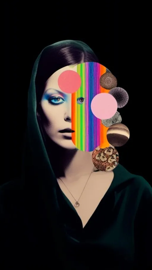 Prompt: <mymodel>Psychedelic collage of a woman, spliced and edited with psychedelic planets, cats, and UFOs, a psychedelic open third eye, pickles, photos of mushrooms of all kinds and colors, trippy optical patterns, incorporating paint, enamel, and found objects, black and white optical illusions, high quality, surreal, vibrant colors, trippy, psychedelic, detailed collage, cosmic theme, colorful lighting surreal collage
