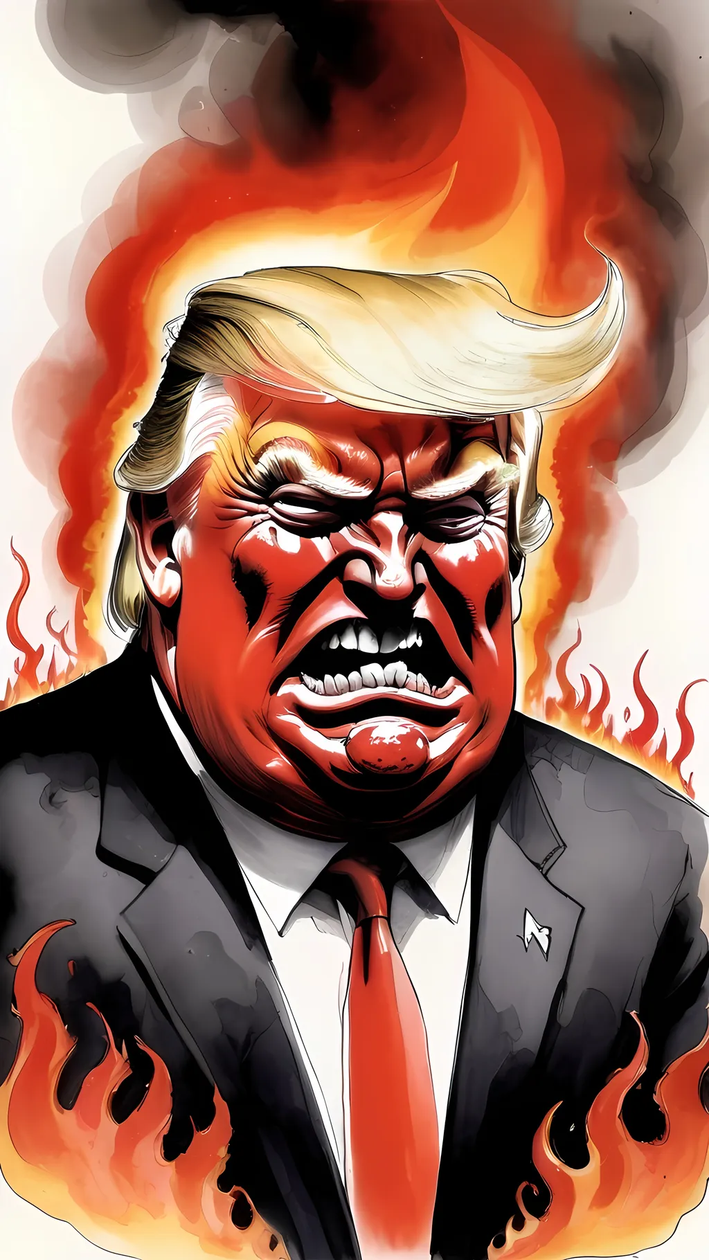 Prompt: a grotesque Ralph steadman political illustration of a fat gross disgusting vile  demonic devil Donald Trump, in hell (USA, America, Stars and Stripes, red caps, red MAGA hats, hell, hellfire, flames, smoke, 