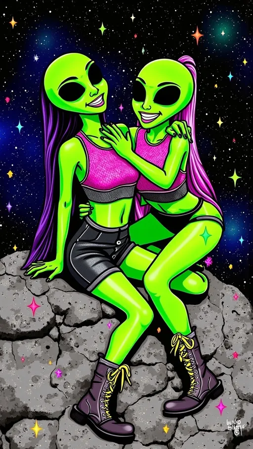 Prompt: Create an image of two female aliens, each with green skin, conical shaped bald heads, and large solid black almond shaped eyes, playfully side hugging on a rugged asteroid in space. Both are dressed in tight, shimmering crop tops with fishnet sleeves and short shorts, exuding a fun and carefree vibe. One alien is wearing knee-high boots with metallic accents, while the other sports ankle boots with bright neon laces. Their arms are wrapped around each other, and they are laughing, showcasing their playful friendship. The cosmic background is filled with stars and distant galaxies, but the entire scene is infused with digital chaos. Glitches ripple across the image, with pixelated distortions and colorful digital noise creating a dynamic, otherworldly atmosphere. The asteroid and their forms seem to flicker and shift, as if caught in a digital transmission error.