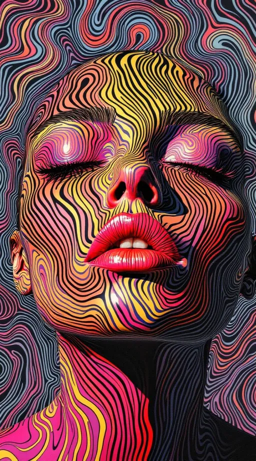 Prompt: A woman’s face hovers in blank dimensional stillness, drawn with trembling black ink lines and painted in acid-bright gouache hues. Rendered in the surreal, analog aesthetic of La Planète Sauvage, she is not real but ritual—her expression shaped by massive, distorted Turing patterns that spiral, fork, and bloom across her skin like psychedelic camouflage from some intelligent jungle of chemical physics. These reaction-diffusion forms are grotesquely oversized: striped like radioactive zebras, spotted like neon leopards, smeared and warped across her brow, cheeks, and chin with ceremonial boldness. Each line curls unnaturally around her facial structure—forking across the nose bridge, coiling tight around the eyes, blooming from cheekbones like freeze-frame chemical shockwaves.

Her skin glows with electric saturation—blazing lemon, toxic magenta, caustic lime, UV orange, and venom-indigo. No blending, no softness—just flat, radiant color planes applied with painterly stubbornness. Every surface pops like printed acid. Her cheeks flicker with moiré shimmer and chromatic twitch; her jawline hums with optical interference patterns. The whole face vibrates with sacred discomfort.

Her hair erupts in reaction-diffusion filaments—tangled dendrites of illustrated plasma, each strand a curl of iridescent pseudoscience. Forked wavefronts radiate outward, drawn in jagged fluorescent ink: slime yellow, battery acid teal, fuchsia blaze, scorching cyan. The curls bend like equations, branching like luminous circuitry, flickering with internal math.

Behind her, a pale paper void—a ritual space of flatness and impossibility. No light source. No realism. Only hand-painted emergence. She is not a woman, but a sacred pattern loop given face: glowing, algorithmic, and too bright to look at directly. A chemical goddess drawn by an alien hand.