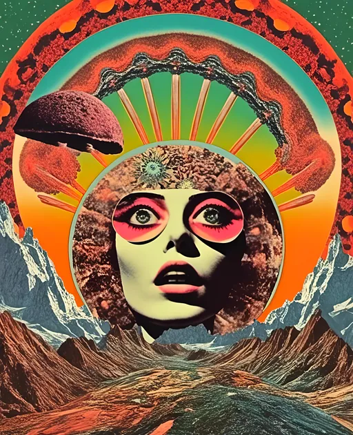 Prompt: <mymodel>Vintage 70s psychedelic sci-fi collage, analog, cut and paste, magic psychedelic mushrooms, eyes, mouths, fractals, optical illusions, geometric shapes, bizarre landscapes, grainy, retro, aged, magazine cutouts, photos, drawings, psychedelic patterns, image noise, vintage, surreal, vibrant colors, fantasy, trippy lighting, detailed composition, highres, vibrant, surreal, woman with long blond very curly hair