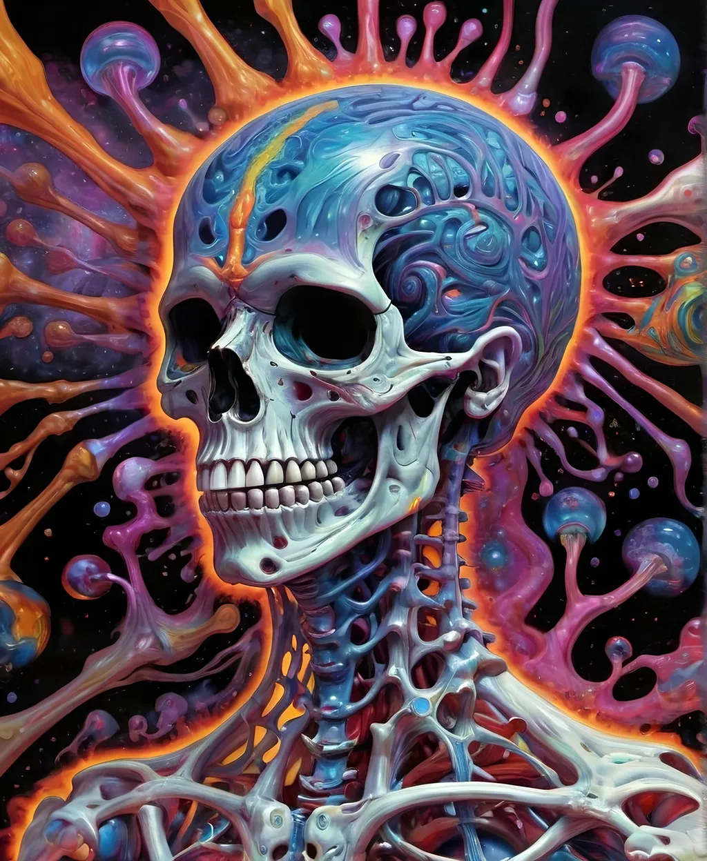 Prompt: Psychedelic hallucination, human being/body melting psychedelicly - skeleton, muscular system, muscles, bones, organs, guts melting, oozing, dissolving into fractals. 9of reality melting, ego death, melty, melting, drippy, drips dripping, Ooze, oozing, Alex grey, fractals, visionary, psychedelic, trippy, weird