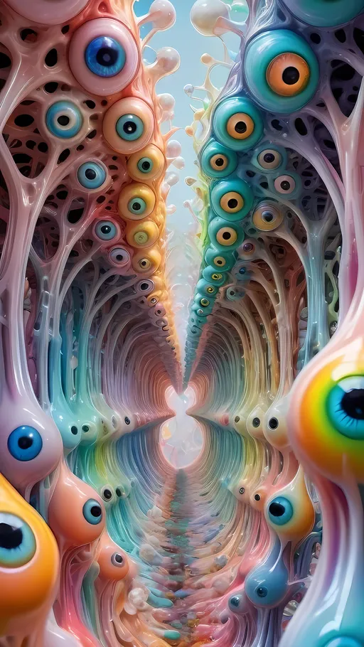 Prompt: an extremely hyper realistic ultra super textural weird trippy surreal psychedelic entity, catenary curves , gyroid structures, white, translucent, clear, bright bright pastel colors, oil slick rainbow sheen effect, lots and lots of light, lots of crazy colorful compound psychedelic human eyes, rows of human teeth, fungus, atoms, diatoms, catenary curves, gyroid structures