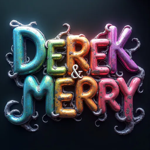 Prompt: vibrant rainbow light- Render the word “DEREK & MERRY” as an organic, grown structure formed entirely from chaotic mathematics and alien biology. extremely vibrant, bright vivid swirling colors, lots and lots of bright white light, sparkles and shimmers- Each letter should be a unique, asymmetrical lifeform—bulbous, twisted, and textured like wet bark or bioluminescent coral. The surface of the letters is glossy and fluid, with swirling iridescent colors: deep violet, oil-slick magenta, electric cyan, acid green, and hints of molten gold. From the edges of each glyph, thin black fractal tendrils sprout like neural roots or lightning veins, stretching outward into space. These tendrils should feel alive, twitching or slowly shifting, as if sensing their environment.

the text is “DEREK & MERRY”, spelled just as that. 

The background is a high-contrast fractal landscape made from Mandelbrot or Julia sets, with sharp-edged recursive patterns in bold, clashing zones of color—neon teal, hot pink, black, yellow, and turquoise—emitting a glowing synthetic light. The letters do not sit on the surface but appear to have erupted from it, fused at the roots, like parasitic growths from the math fabric of space. The entire word should shimmer with inner energy, not static but subtly moving—alive with chaos, logic, and strange light. No typographic forms—these letters “Merrypranxter” are creatures, born from pure fractal geometry and chaos math.