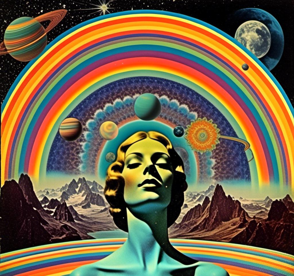 Prompt: A vintage 70s psychedelic collage with the theme “astral vacation”- incorporate themes of astral projection, the astral plane, the silver cord, use an astral brilliantly but sometimes muted opalescent color palette, & combine it all with planets, orbs, optical illusions and psychedelic trippy patterns, color spectrums as a surreal vintage psychedelic collage<mymodel>