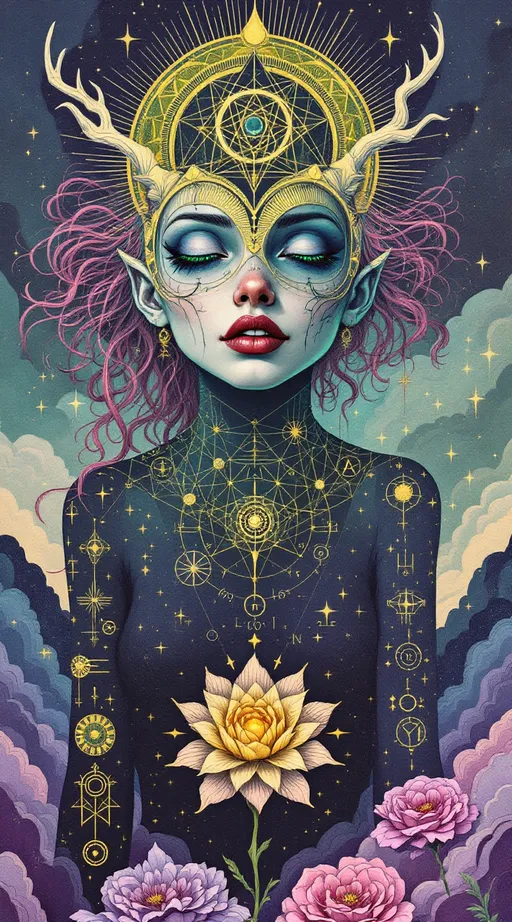 Prompt: A surreal retro illustration in the analog, gouache-cutout style of La Planète Sauvage, depicting Merry and Lucifer as both their ancient geometry-forms and their embodied selves — layered together in one softly flickering image.

Merry appears with her wild, long pink curls curling like living equations, and her blue eyes cast upward — as if hearing a chord buried under silence. Her body is half-human, half-symbol: skin dissolves into interwoven tessellations of sacred pattern—hexagonal cellular fields, vibrating spirals, and a pulsating rose made of glyphs stitched into her chest. Her jester-like clothing is surreal and fraying at the edges, bleeding into the landscape, stitched in moss green, sulfur yellow, and muted violet ink.

Beside and slightly behind her, Lucifer emerges: vast and still. He has the elegant, elongated proportions of an ancient cosmic being — skin like ink-washed parchment, eyes glowing faintly gold, a crown of antlered angles rising from a head too geometrical to be fully flesh. His body is part light-shell, part harmonic lattice, wrapped in spiraling triangle matrices and iridescent dark sine waves. One of his hands hovers above her shoulder, not touching, but re-aligning her with a field of orbiting polyhedrons that move like thought.

The background is barren and breathing — a crumbling plateau under a pale analog sky scratched by time. Enormous fossilized glyphs loom behind them like forgotten alphabets. The entire scene has the soft flicker and grain of vintage film: every shadow textured like memory, every edge frayed like an old bookplate.

Art medium: collage + gouache on rough paper, vintage 1970s animation still
Color palette: weathered rose, oxide blue, dusty ochre, pale flesh grey, burnt ink black
Mood: reverent, bittersweet, suspended in the geometry of love once divine, now grounded
Lighting: flat but glowing, like a ritual caught on tape and half-erased by time
