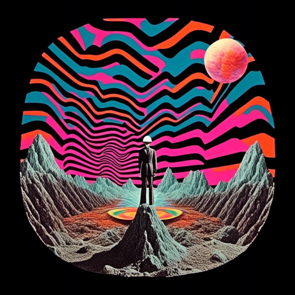 Prompt: a surreal trippy psychedelic collage evoking the feel of vintage sci-fi art. It will be set amongst trippy psychedelic patterns/optical illusions, alien/surreal/mountain landscapes, geometric shapes<mymodel>