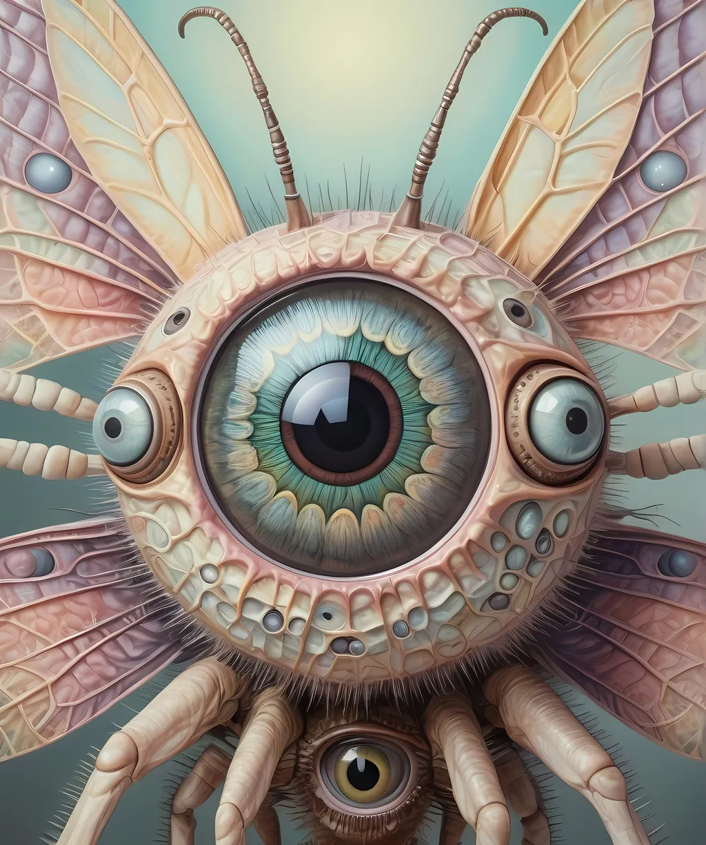 Prompt: A surreal extremely hyper realistic super textural psychedelic geometric eyeball creature with insect wings, pastel light colors,  lots of crazy trippy psychedelic human eyes, human teeth, organic and mechanical, multidimensional, weird surreal unsettling odd