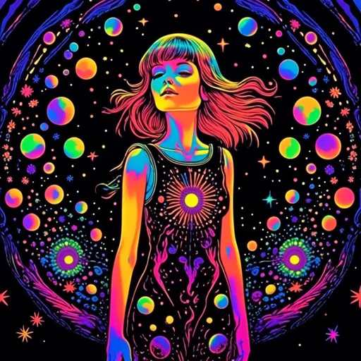 Prompt: <mymodel>Vintage 70s black light poster art illustration, girl hallucinating in space, psychedelic mushrooms, planets, moons, stars, fractals, vibrant colors, intense black light effects, detailed psychedelic girl, cosmic atmosphere, high quality, psychedelic, vintage, space, vibrant colors, fractal details, hallucination, girl illustration, retro art style, cosmic lighting