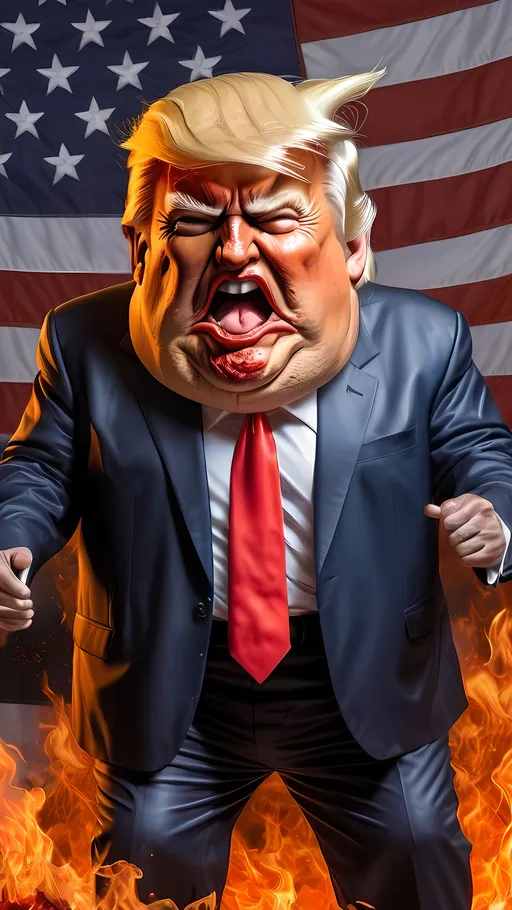 Prompt: an extremely hyperrealistic ultra textural extremely grossly disgustingly detailed fat bloated hideous grotesque caricature of Donald Trump, orange skin, bad combover, suit doesn’t fit, adult diaper, poop, red hat, MAGA, USA, hell scape, flames, fire, devil demons, angry, hatred, rage, lies, extremely detailed background including us flag, America on fire, gold, money, destruction