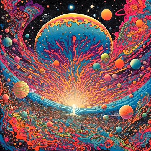Prompt: <mymodel>Psychedelic illustration of the creation of the universe, stars and planets forming, vibrant colors, swirling nebulas, galaxies coming into existence, high-quality, surreal, cosmic, vibrant colors, swirling patterns, detailed celestial bodies, psychedelic lighting