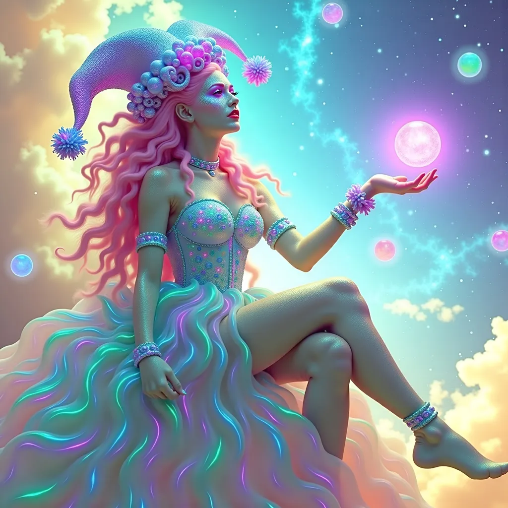 Prompt: A super hyperrealistic yet also illustrative and creative female cosmic jester, made entirely of swirling pure colored light, with long wild curly hair that appears pink but is a dazzling spectrum of hues shimmering beneath the surface. She is adorned in beautiful avant-garde "astral" jester's attire, complete with intricate clown makeup that glimmers like stardust and a definitive jester's hat adorned with miniature galaxies that orbit its tips. Her ensemble includes exquisite accoutrements—ornate cosmic bangles that hum with the resonance of distant quasars and an ethereal cape that flows like liquid auroras. She sparkles, shines, and dazzles in a mesmerizing swirl of ever-changing colors, embodying the essence of cosmic whimsy and wonder. Perched atop an enormous, spinning Möbius strip made of liquid starlight, she juggles glowing quantum orbs that flicker between states of existence, each orb containing a miniature universe that pulses with fractal patterns. The background is a psychedelic tapestry of hyperdimensional geometry, where constellations rearrange themselves into impossible shapes, and stars pulse to the rhythm of an unheard cosmic melody. Fractal tessellations resembling Escher-like infinity loops cascade through the scene, while quantum entanglement trails connect her juggling orbs in a dance of light. Möbius transformations ripple through the liquid starlight, creating endless loops of brilliance, as pulsating nebulas, astral winds swirling with cosmic dust, and shimmering auroras flow like liquid silk across the infinite expanse.