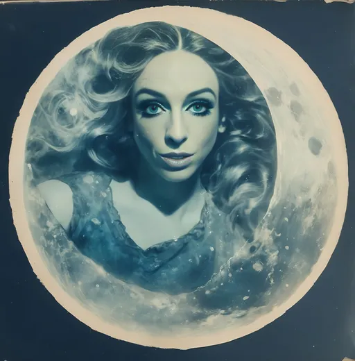 Prompt: Vintage Cyanotype print of a girl on the moon, detailed silhouette, vintage artistic style, cool tones, subtle moonlight, high quality, cyanotype print, vintage, detailed silhouette, moon, girl, subtle lighting, cool tones