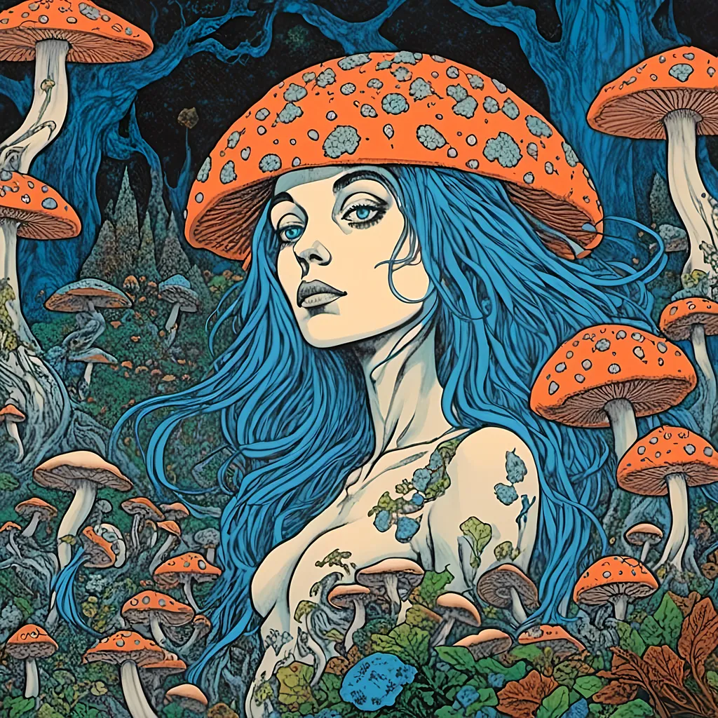 Prompt: a woman with blue hair<mymodel> surrounded by mushrooms and mushrooms in the forest, with a black background and a blue - eyed woman with blue hair, Alex Grey, fantasy art, promotional image, a character portrait