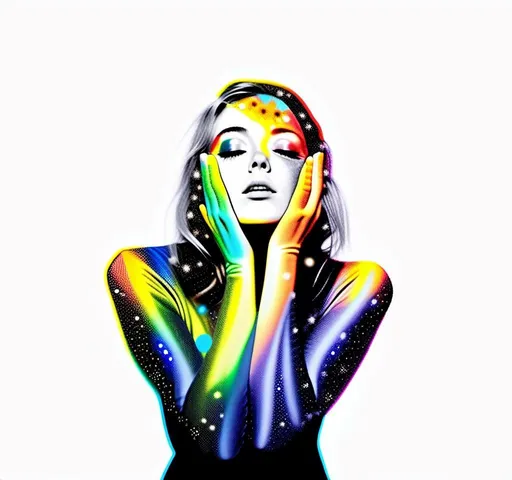 Prompt: a photograph (black and white or halftone) of a woman with multimedia colorful galaxies and stars in her wide eyes who is vomiting pure rainbows and stardust sparkles. She wretches as a beautiful spectrum of colorful light and sparklies made of paint, enamel, glitter, foils, pearl dust, rhinestones, metal, beads, marker, etc spills from her open mouth with force lighting up the room<mymodel>