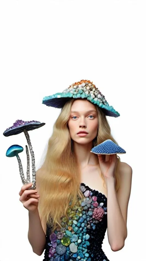 Prompt: <mymodel>Woman with long blond curly hair and mushrooms made of precious gemstones, fungal clothes encrusted with sparkling crystals, high-quality, magical realism, vibrant colors, detailed facial features, natural lighting