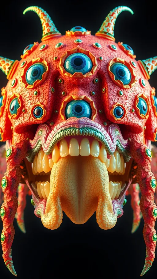 Prompt: Create an extremely hyper-realistic, ultra super textural, weird, trippy, surreal, psychedelic eyes/teeth/mouth creature/entity based on “metatron’s cube” with lots of human eyes (crazy colorful compound psychedelic), rows of human teeth, human lips, and tongues. 

- **Colors**: determined by the properties and expressions of the elements (& their isotopes), minerals, and metals: Nickel (Ni), Aventurine, Chrysoberyl

**Shapes and forms**
- “Metatron's Cube”
-other shapes determined by the natural properties and expressions of the elements (& their isotopes), minerals, metals, and biological organisms: diatoms, Nickel (Ni), Aventurine, Chrysoberyl


- **Textures**: Derived from any/all elements (& their isotopes), minerals, metals, crystals, organic things mentioned in this prompt: “Metatron's Cube” Nickel (Ni), Aventurine, Chrysoberyl

**Composition and Layout**:
- a pattern/design based on the “Metatron's Cube”

**Lighting**lots and lots of bright shining reflective light
- Trichroism


**Detail and Atmosphere**:
- Extreme hyperrealistic sharp high detail high definition organic and mineral textures
- Psychedelic, weird, odd, surreal atmosphere
- Frozen in time

**Additional Elements**:
- extra rows of teeth, lips, many eyes, diatoms, “Metatron's Cube” , Aventurescence, Chatoyancy
