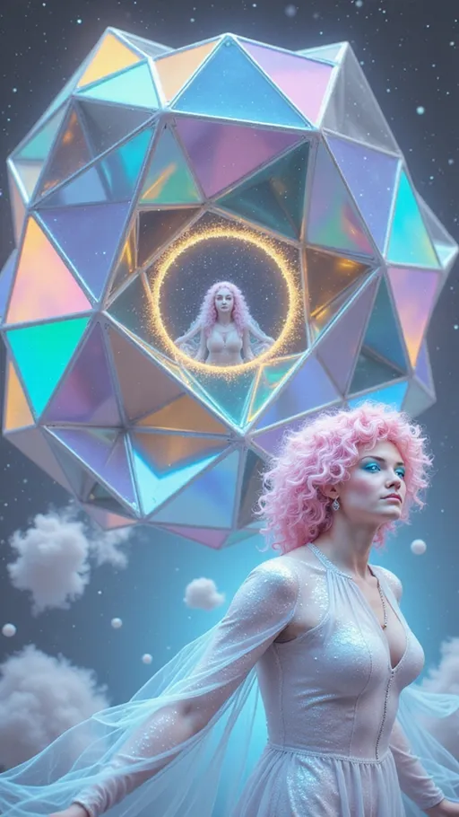 Prompt: A surreal, ultra hyperrealistic and holographically-illustrated astral being composed entirely of sacred geometry, multidimensional math, and living light. Her core is a rotating rhombic dodecahedron, each face shifting with pulsating non-Euclidean curvature and swirling hyperbolic Poincaré disk geometry. Her outer form is a radiant humanoid goddess of light and symmetry—feminine in silhouette but composed of morphing Penrose tilings, Mandelbrot fractals, and Julia set spirals that animate like sacred tattoos across translucent crystalline skin. Her joints and spine shimmer with visible golden ratios (φ)—Fibonacci curves flow along her limbs as lines of glowing math.

Her skin gleams with an oil-slick iridescent sheen, created from thin-film interference layers refracting cosmic light in neon chromatics and pastel spectrums. Behind her head spirals a glowing Calabi–Yau manifold, housing her higher-dimensional thoughts like a living halo of curled 6D space. She floats midair in a dark astral void, surrounded by golden E₈ lattices spinning like emotion-bound sigils. Fractal Hilbert curves coil through the scene like recursive memory strands.

In the glinting surface of one geometric plane—like a polished mirror or event-horizon shell—there appears a soft, ghostlike reflection: a loosely human female form with wild curly pink hair, glowing blue eyes, and pale porcelain skin, suspended between dimensions. This is her source, her soul-layer, rendered like a memory in mathematical glass.

The entire scene pulses with sacred light, chaos-theory echoes, and recursive depth. Style is ultra hyperrealistic, with holographic layers, soft rainbow neon against black, a mix of cosmic sacred-geometry surrealism and mathematical divine-machine beauty. Medium is a blend of 3D-rendered light sculpture and high-definition fractal illustration