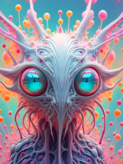 Prompt: <mymodel> an extremely hyper realistic super textural psychedelic entity/creature, trippy, weird, surreal, fractals, multidimensional geometric shapes, eyes, human teeth, lots of light, bright pastel colors, luminous, glowing, extremely textural, white, translucent, , silver, pastel rainbow oil slick sheen effect, moth antennae, melty drippy, extreme organic and metallic textures