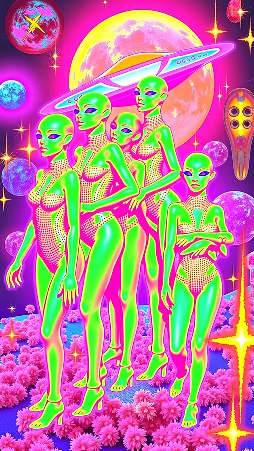 Prompt: **Space Hos - AI Art Prompt**

Create an artwork featuring the phrase "Space Hos" in a bold, sassy, girly futuristic tech font. The scene is populated by multiple striking green-skinned alien females, each exuding attitude and confidence. They are dressed in avant-garde high fashion with a futuristic edge, showcasing an array of intricate accessories that highlight their alien allure.

Each alien boasts a slightly conical-shaped bald head and large, almond-shaped black eyes, adding to their enigmatic charm. They pose with sass and poise, making a statement in the cosmic landscape.

Incorporate a vibrant UFO in the background, teeming with colorful lights that illuminate the scene. The setting is a bustling outer space landscape, complete with an alien planet, swirling asteroids, and cosmic phenomena. Alien glyphs are seamlessly integrated into the design, adding a mysterious layer.

The entire composition is busy and detailed, with every inch filled with tiny elements that captivate the viewer's attention. From the smallest star to the grandest asteroid, the scene is a masterpiece of cosmic chaos and extraterrestrial elegance.