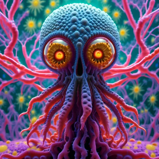 Prompt: extremely hyperrealistic living sentient trippy psychedelic slime mold creature, slime mold monster, slime mold being,  crazy trippy psychedelic human eyes, mouth, Plasmodium, pseudopodium, sporangia, sporocarp, sclerotium, amoeboid, acellular, protoplasmic, foraging, network, cytoplasmic streaming, fruiting body, spores, germination, aphanoplasmodium, phaneroplasmodium, myxamoebae, flagellate, zygote, meiosis, mitosis, phagocytosis, chemotaxis, thigmotaxis, phototropism, saprophytic, decomposer, saprotrophic, slime trail, aggregation, extremely high detail, extreme high texture<mymodel> clear, transparent, translucent, rainbow sheen soap bubble effect, white, light pastel colors
 