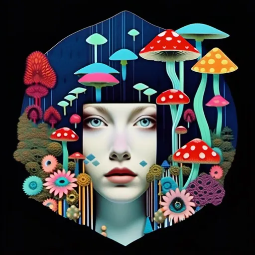 Prompt: a surreal trippy psychedelic  mixed media collage evoking the feel of vintage trippy surreal multimedia collages. It will feature mushrooms/fungus, psychedelic eyes, etc & be set amongst trippy psychedelic patterns/optical illusions,, geometric shapes and will include mediums such as photography, printmaking, painting, illustration, paper cutting, paper folding, glitter, silver foil/enamel, rhinestones, sequins, thread/string and anything else<mymodel>