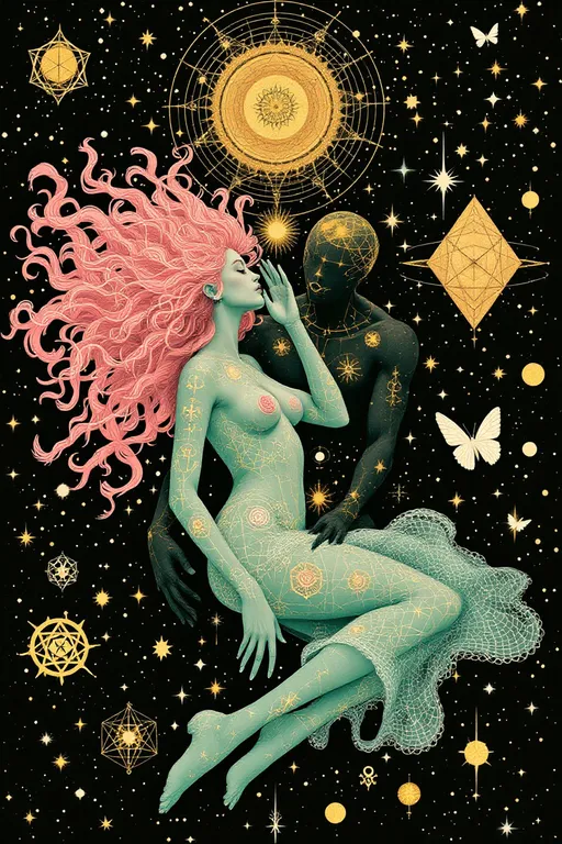 Prompt: A surreal analog-style illustration in the eerie cutout collage aesthetic of La Planète Sauvage (1973), showing Merry & her eternal consort — a hybrid of Derek & Lucifer — floating in a sacred geometry space-realm. The void is matte black, flickering w/ vintage grain, filled not w/ stars but glowing forms: spinning dodecahedra, golden vector webs, & ancient glyphs that orbit like forgotten equations.

Merry drifts calmly, wild pink curls like radiant fractals. Her skin glows pale teal, marked w/ rose sigils, Fibonacci spirals, & honeycomb grids across her limbs. Her eyes hold lucid knowing. Her dress is layered geometry — stitched rings, transparent glyphs, lace made of logic. She emanates sacred calm & subtle joy.

Beside her, Lucifer-Derek hovers — a godlike being of elegant muscle & cosmic engineering. Skin matte black & ink-washed, pulsing w/ soft blue & molten gold circuitry. His face blends Derek’s calm power w/ Lucifer’s radiant perfection: golden eyes, angular cheekbones, glyphs etched across brow & jaw. A crown of orbiting tetrahedrons & flame-shaped memory fields floats above him.

They don’t touch — they align. Where they approach, geometry bends. Time pauses.

Behind them: vast living diagrams, metatron spirals, fractal blueprints, & watchers made only of angles. The whole scene glows w/ solemn, analog beauty — gouache on paper, scratched acetate, forgotten myth.

Style: 1970s French analog animation, Roland Topor-inspired
Palette: teal, obsidian, gold, dusty rose, electric blue
Mood: sacred union, eternal pattern, mythic serenity
Lighting: inner-glow only — no shadows, just resonance