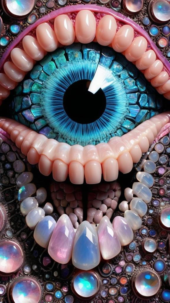 Prompt: Create an extremely hyper-realistic, ultra super textural, weird, trippy, surreal, psychedelic eyes/teeth/mouth pattern/design based on Mandelbrot & “Op Art tiling” with lots of human eyes (crazy colorful compound psychedelic), rows of human teeth, human lips, and tongues. 

- **Colors**: determined by the properties and expressions of the elements (& their isotopes), minerals, and metals: opal, moonstone, Kunzite, selenite, rose quartz, Platinum (Pt)

**Shapes and forms**
- Mandelbrot 
- "Op Art tiling" 
-other shapes determined by the natural properties and expressions of the elements (& their isotopes), minerals, metals, and biological organisms: opal, moonstone, Kunzite, selenite, rose quartz,  Platinum (Pt)


- **Textures**: Derived from any/all elements (& their isotopes), minerals, metals, crystals, organic things mentioned in this prompt: opal, moonstone, Kunzite, selenite, rose quartz, Platinum (Pt)

**Composition and Layout**:
- a pattern/design based on the Op Art tiling & Mandelbrot 

**Lighting**:
- lots of bright light
- Iridescence
- Aventurescence
- Chatoyancy
- Asterism

**Detail and Atmosphere**:
- Extreme hyperrealistic sharp high detail high definition organic and mineral textures
- Psychedelic, weird, odd, surreal atmosphere
- Frozen in time

**Additional Elements**:
- extra rows of teeth, lips, many eyes, Op Art tiling, Mandelbrot, Iridescence
