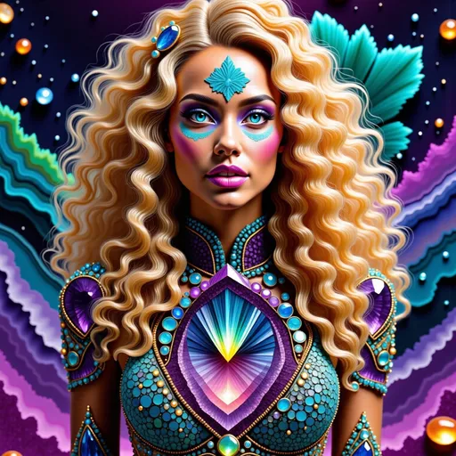 Prompt: 
A radiant Caucasian woman with untamed, spiraling blond curls that twist and morph into fractal patterns, glowing with vibrant, hallucinatory hues—electric blues, neon greens, and ultraviolet purples. Her hair becomes a living tapestry of sacred geometry and infinite mandalas, pulsating with the rhythm of a cosmic heartbeat. Her face is illuminated by a divine, otherworldly glow, her eyes reflecting hyperspace itself—swirling galaxies, alien landscapes, and shimmering, liquid lightforms. The background is an explosion of psychedelic ecstasy: a vortex of infinite dimensions, morphing with DMT-like intensity into crystalline patterns, organic tendrils, and cascading rivers of molten color. The scene feels alive, as if the boundaries between her and the universe dissolve, revealing the interconnectedness of all things. The atmosphere radiates transcendence, the merging of inner and outer realities, and the infinite possibilities of consciousness.
