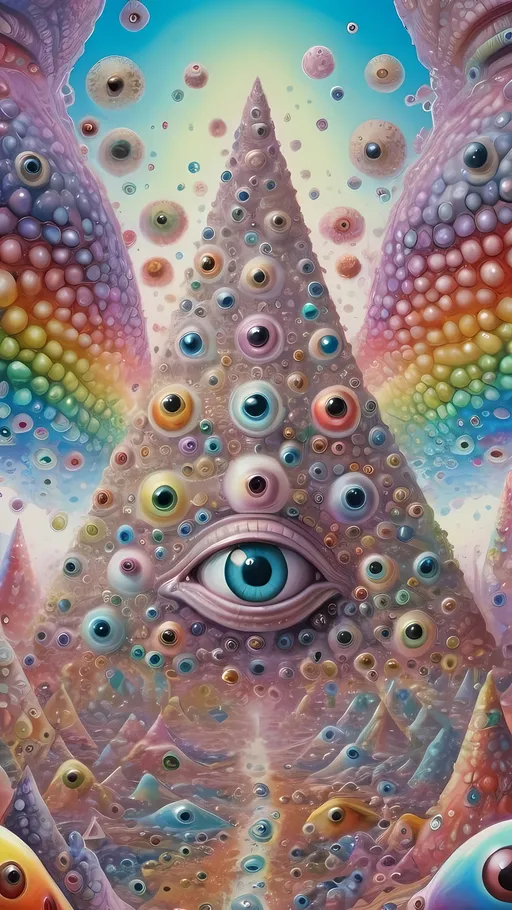 Prompt: an extremely hyper realistic ultra super textural weird trippy surreal psychedelic entity, gyroid structures, Pascal's Triangle, white, translucent, clear, bright bright pastel colors, oil slick rainbow sheen effect, lots and lots of light, lots of crazy colorful compound psychedelic human eyes, rows of human teeth, fungus, atoms, diatoms, gyroid structures, Pascal's Triangle