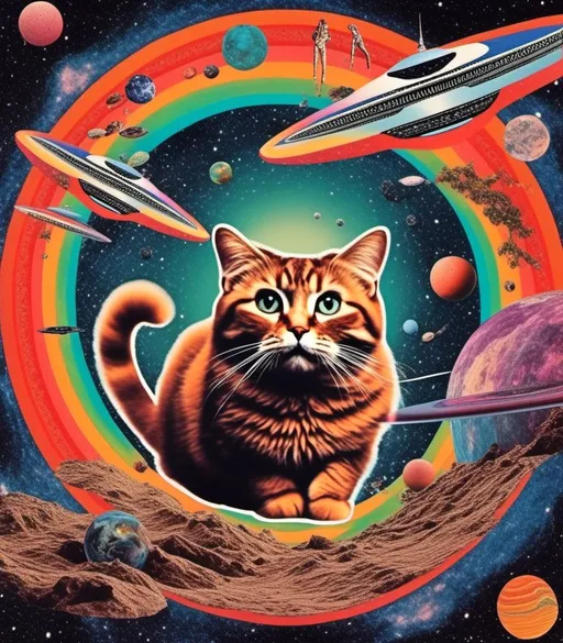 Prompt: a psychedelic collage with a vintage 70s sci-fi animation feel to it except the subject matter will be CATS IN SPACE! The collage will have elements of photography, illustration, trippy patterns and optical illusions, alien landscapes, strange trippy planets, UFOs,, meteors, all cut and spliced together in a psychedelic collage style <mymodel>