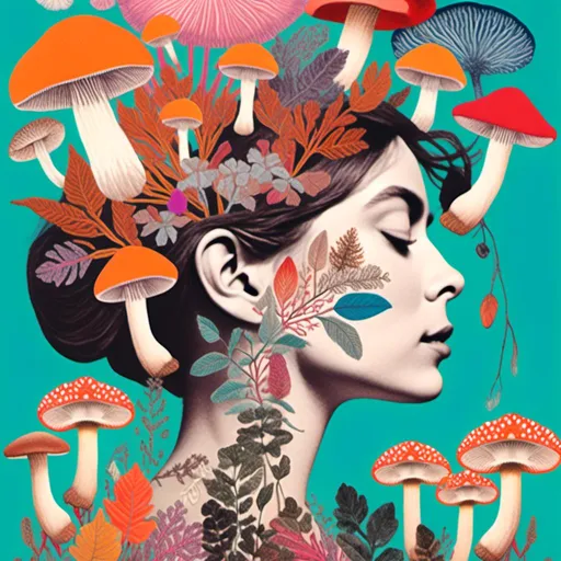 Prompt: <mymodel>Detailed  illustration of a woman collaging with drawings of mushrooms, vibrant color palette, whimsical and surreal, intricate collage details, ethereal glow, dreamy lighting, high quality, ultra-detailed, fantasy, vibrant tones, surreal lighting, whimsical design, collage art