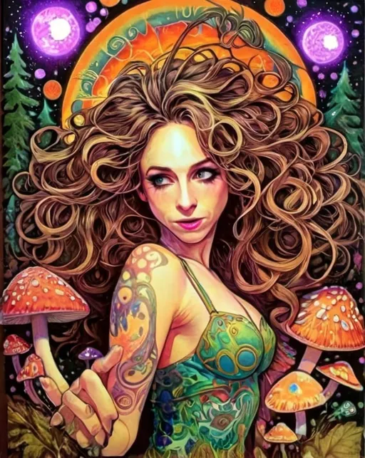 Prompt: 4k, ultra-detailed, psychedelic, trippy, bright colors, vivid, black light poster, girl with longish blond curly hair, psychedelic magic mushrooms, trippy hallucinations, optical illusions, patterns, crystals, moss, forest, moon, geometry fractals, vibrant colors, detailed hair, surreal, vibrant lighting