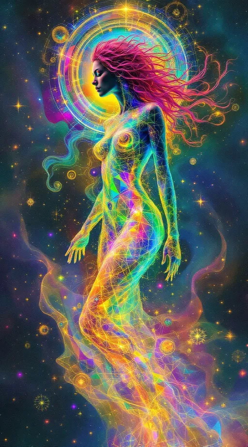 Prompt: A hyperdimensional entity emerges, composed of iridescent sacred geometry, kaleidoscopic Penrose tilings, and prismatic fractal halos. The figure pulses with shifting spectrums of rainbow light, flowing like liquid crystal through nested golden spirals and recursive toroidal fields. The form barely hints at its origin: a slim, ephemeral silhouette with long wild pink curls, dissolving into light. The style mirrors the surreal textures and otherworldly palettes of La Planète Sauvage, with matte, painterly gradients, soft outlines, and dreamlike ambient hues. The background floats in an astral void woven from cosmic lace, where strange organic machines and glyphic lifeforms orbit in silence. Human presence is reduced to a ghosted archetype, integrated within the sacred patterns like a forgotten myth encoded in divine circuitry.
— style: Cosmic Surrealism + La Planète Sauvage
— emphasis: Sacred Geometry + Oil-Slick Iridescence