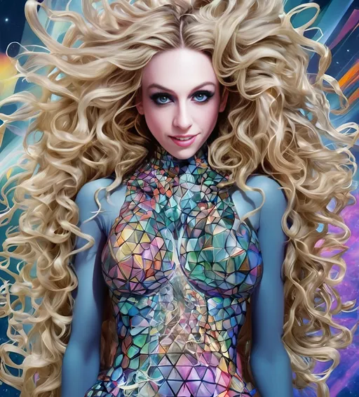 Prompt: a psychedelic hallucination of a female with long blond curly hair modeling avant Garde fashions accessories and makeup created directly out of multidimensional geometry fractals, hypercubes, non Euclidean geometry, psychedelic fashion halucinations 
