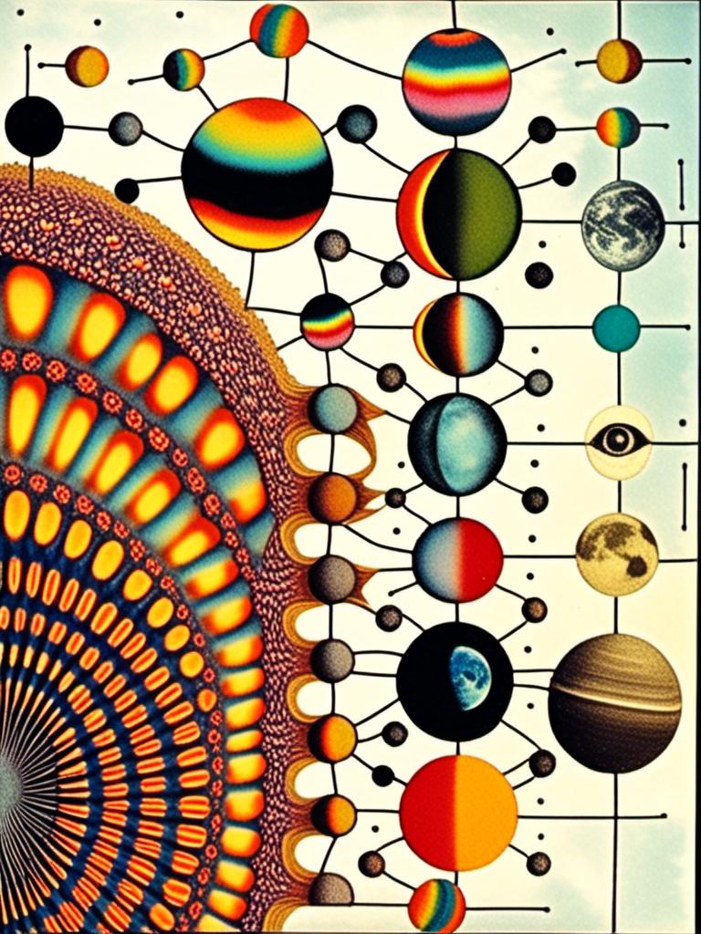 Prompt: A vintage 70s psychedelic collage with the theme “astral vacation”- incorporate themes of astral projection, the astral plane, the silver cord, use an astral brilliantly but sometimes muted opalescent color palette, & combine it all with planets, orbs, optical illusions and psychedelic trippy patterns, color spectrums as a surreal vintage psychedelic collage<mymodel>