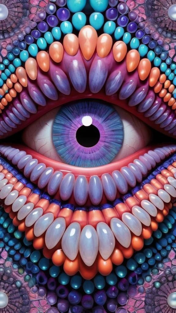 Prompt: Create an extremely hyper-realistic, ultra super textural, weird, trippy, surreal, psychedelic eyes/teeth/mouth pattern/design based on Mandelbrot & “Op Art tiling” with lots of human eyes (crazy colorful compound psychedelic), rows of human teeth, human lips, and tongues. 

- **Colors**: determined by the properties and expressions of the elements (& their isotopes), minerals, and metals: opal, moonstone, amethyst, rose quartz, Platinum (Pt)

**Shapes and forms**
- Mandelbrot 
- "Op Art tiling" 
-other shapes determined by the natural properties and expressions of the elements (& their isotopes), minerals, metals, and biological organisms: opal, moonstone, amethyst, rose quartz,  Platinum (Pt)


- **Textures**: Derived from any/all elements (& their isotopes), minerals, metals, crystals, organic things mentioned in this prompt: opal, moonstone, amethyst, rose quartz, Platinum (Pt)

**Composition and Layout**:
- a pattern/design based on the Op Art tiling & Mandelbrot 

**Lighting**:
- lots of bright light
- Phosphorescence

**Detail and Atmosphere**:
- Extreme hyperrealistic sharp high detail high definition organic and mineral textures
- Psychedelic, weird, odd, surreal atmosphere
- Frozen in time

**Additional Elements**:
- extra rows of teeth, lips, many eyes, Op Art tiling, Mandelbrot 
