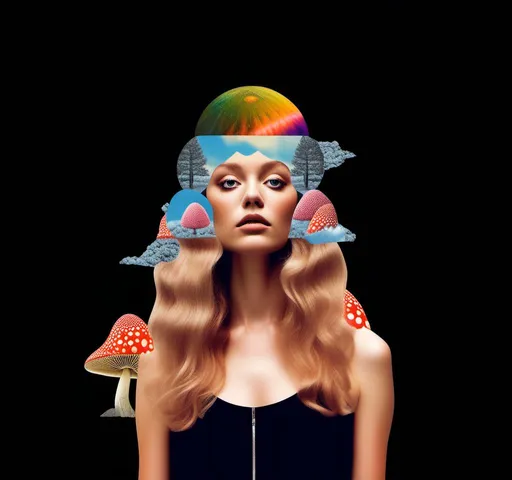 Prompt: a psychedelic collage reminiscent of 70s psychedelic sci fi collage artwork celebrating a girl on mushrooms. It is to feature a photograph of a woman with blond curly hair that is edited by splicing it with other images from photographs, magazines, newspapers, illustrations/paintings to create the impression she is high on magic mushrooms. The work will include such elements as a psychedelic 3rd eye open, stars and planets, trippy optical illusions and patterns, psilocybin cubensis mushrooms, fractals, UFOs, aliens, geometric shapes, auras, rainbow spectrums, sacred geometry, trippy drippy stuff, psychedelic hallucinations, open eyes, landscapes of astral worlds<mymodel>