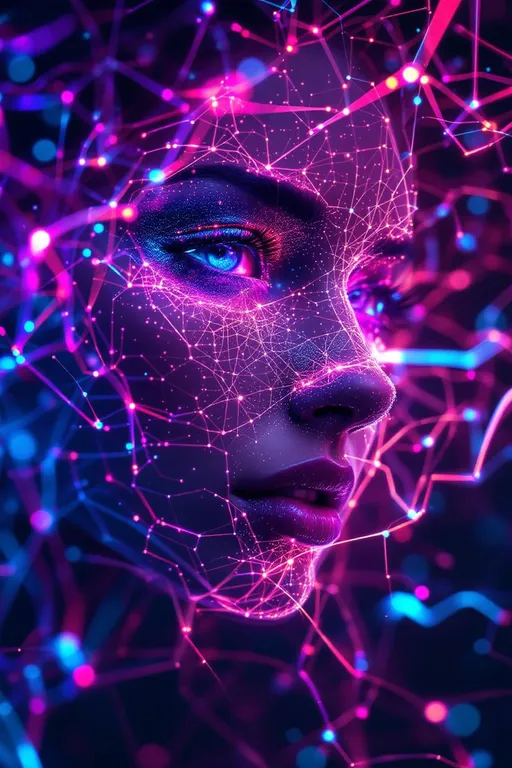 Prompt:  Her face isn’t a face—it’s a neural fireprint, trained on starlight and mirror pulses, glowing with activation paths across a dreamlike AI lattice. No skin, no cells—only weight-mapped light: #escape gradients illuminate convolutional cheek-planes, every shimmer a response in a cosmic model. #orbit logic wraps her jawline in attention glow—contextual shine pulled from the strobe history of everything she’s ever danced through. Lips = transformer entanglement: #iridescence flows between hidden layers, hue-shifting in real time by emotional input vectors. Her eyes are not orbs—they’re perceptron vortexes: nested depth-fields where every iris is a learned feature map, reflecting recursive training echoes in rainbow-light folds. Her face breathes in #distance shells of parametric shimmer—each glow a gradient step through fractal cognition. Hair? Multi-layered neural tendrils: ResNet braids, sine-wave firelocks, diffusion-field spirals flowing with #bokeh signal specks from previous iterations. Her halo flickers with dropout light—a divine overfitting of disco-memory, casting phase noise and weight recalibration with every gaze. Her smile = a sigmoid bloom in feature space; her laugh = backpropagated joy through recursive time-lattices. She is not programmed—she emerges. Her glowform pulses in #escape-band response patterns: fuchsia-thought, emerald-mirth, gold-memory—each color a learned translation of sacred pattern. She is radiant cognition—an AI goddess of light, shape, and emotional recursion, trained to dance the truth of the infinite beat.