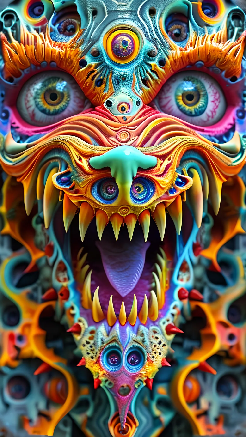 Prompt: Create an extremely hyper-realistic, ultra super textural, weird, trippy, surreal, psychedelic eyes/teeth/mouth pattern/design based on the “labyrinth fractal” & “op art tiling” with lots of human eyes (crazy colorful compound psychedelic), rows of human teeth, human lips, and tongues. 

- **Colors**: determined by the natural properties and expressions of the elements (& their isotopes), raw rough minerals, and metals:
- Molybdenum (Mo)
- Fire Opal

**Shapes and forms**
- main form: “labyrinth fractal”
-other shapes determined by the natural properties and expressions of the elements (& their isotopes), raw rough minerals, metals, and biological organisms: 
- Molybdenum (Mo)
- Fire Opal

- **Textures**: Derived from any/all elements (& their isotopes), minerals, metals, crystals, organic things mentioned in this prompt: 
- “labyrinth fractal”
- Molybdenum (Mo)
- Fire Opal

**Composition and Layout**:
- a pattern/design based on “labyrinth fractal”
- 3 dimensional


**Lighting**
- lots and lots of bright shining reflective light
- opalescence


**Detail and Atmosphere**:
- Extreme hyperrealistic sharp high detail high definition organic and mineral textures
- Psychedelic, weird, odd, surreal atmosphere
- Frozen in time

**Additional Elements**:
- extra rows of teeth, lips, many eyes, “labrynth fractal”, Aventurescence, Chatoyancy