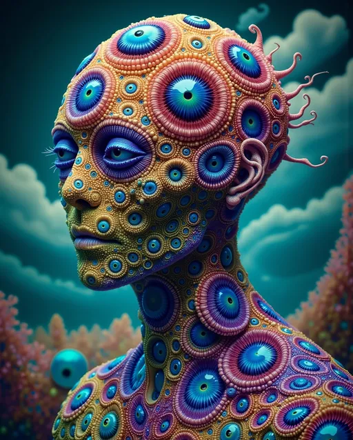 Prompt: An extremely super hyper detailed hyperrealistic weird surreal trippy psychedelic entity manifests, adorned with a multitude of psychedelic compound human eyes, arranged meticulously in a Fibonacci Spiral tiling pattern. These eyes, vibrant and entrancing, create a mesmerizing visual symphony. Rows upon rows of psychedelic teeth form a fractal-like pattern akin to the Mandelbrot Set, spiraling endlessly.

The entity's skin is a shimmering tapestry of iridescent Ammolite, displaying a spectrum of colors that shift with every movement. Interspersed are cubic Fluorite crystals in pale yellow, contrasting vividly with the backdrop. Swirling through its form are veins of Charoite, vivid purple strands weaving cosmic energy throughout its being.

On a microscopic level, Quantum Foam bubbles and fluctuates, giving the entity an ethereal, ever-changing appearance. Vibrating Quantum Strings hint at the fundamental nature of its existence, while Quantum Entanglement weaves an invisible web, linking its myriad parts in a dance of interconnectedness.

The background is a surreal landscape inspired by the Voronoi Tiling pattern, resembling an infinite cellular structure. The ground is a mosaic of royal blue Sodalite, with veins of white calcite creating a natural yet otherworldly pattern. Above, a sky of swirling Quantum Wave Functions paints a picture of potential realities, each wave a probability, each crest a possibility.

This entity embodies the fusion of mathematical precision and quantum chaos, a creation born from the abstract merging of natural, microscopic elements, minerals, and quantum phenomena, existing in a realm where reality and imagination blur into one.