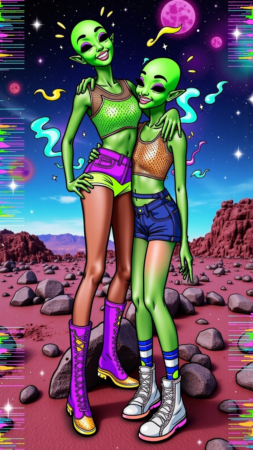 Prompt: Create an image of two female aliens, each with green skin, conical shaped bald heads, and large solid black almond shaped eyes, playfully side hugging on a rugged asteroid in space. Both are dressed in tight, shimmering crop tops with fishnet sleeves and short shorts, exuding a fun and carefree vibe. One alien is wearing knee-high boots with metallic accents, while the other sports ankle boots with bright neon laces. Their arms are wrapped around each other, and they are laughing, showcasing their playful friendship. The cosmic background is filled with stars and distant galaxies, but the entire scene is infused with digital chaos. Glitches ripple across the image, with pixelated distortions and colorful digital noise creating a dynamic, otherworldly atmosphere. The asteroid and their forms seem to flicker and shift, as if caught in a digital transmission error.