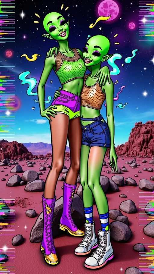 Prompt: Create an image of two female aliens, each with green skin, conical shaped bald heads, and large solid black almond shaped eyes, playfully side hugging on a rugged asteroid in space. Both are dressed in tight, shimmering crop tops with fishnet sleeves and short shorts, exuding a fun and carefree vibe. One alien is wearing knee-high boots with metallic accents, while the other sports ankle boots with bright neon laces. Their arms are wrapped around each other, and they are laughing, showcasing their playful friendship. The cosmic background is filled with stars and distant galaxies, but the entire scene is infused with digital chaos. Glitches ripple across the image, with pixelated distortions and colorful digital noise creating a dynamic, otherworldly atmosphere. The asteroid and their forms seem to flicker and shift, as if caught in a digital transmission error.